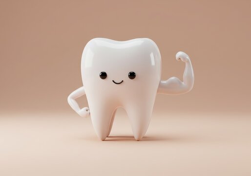 Cartoon tooth flexing its muscle, showing strong dental health on a beige background