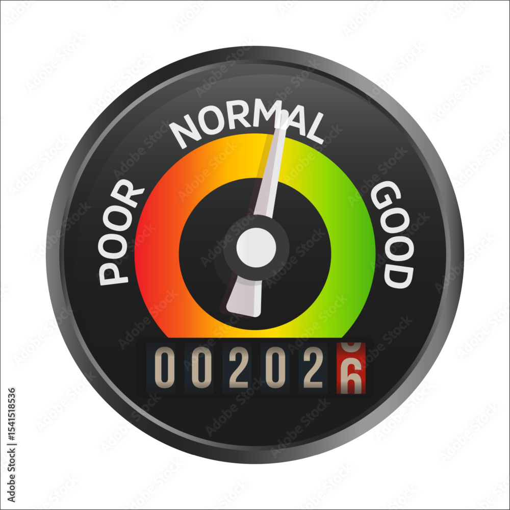Aufkleber Quality Control Dial Showing 2026 With Performance Arrow, Evaluation Speed Gauge, Improvement Tracker And Progress Meter. Editable Vector Illustration.