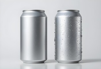 Matte and Wet Aluminum Cans Side-by-Side on White Background &ndash; Minimalist Product Mockup