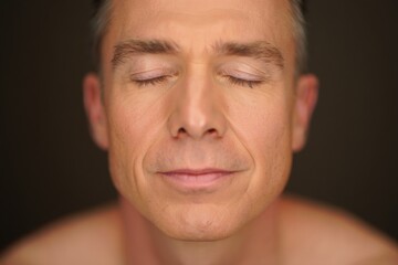 Obraz premium Close-up portrait of a serene middle-aged man with closed eyes, showcasing a calm expression and smooth skin, conveying tranquility and inner peace in a soft-lit environment