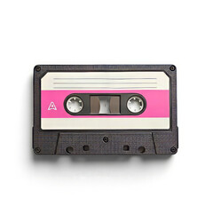 Obraz premium Vintage audio cassette tape with pink label, isolated on white background.