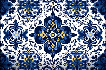 Elegant Indigo Floral Pattern in Vintage Azulejo Style with Intricate Details and Textural Richness