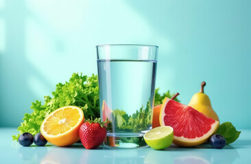 A glass of water surrounded by a composition of fresh fruits, herbs and berries, the importance of a balanced diet to prevent health problems.