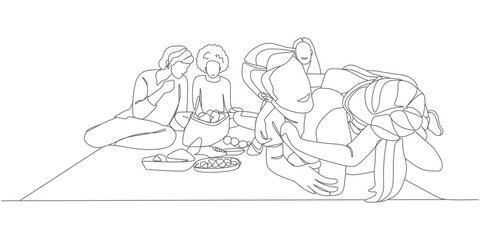 Family Picnic & Playtime – Minimalist Continuous‑Line BBQ and Sandbox Scene