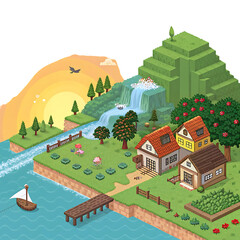 Isometric illustration of a tranquil countryside scene with village houses waterfalls and natural elements