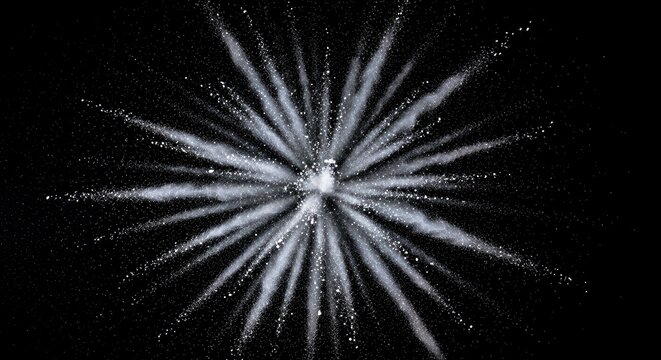 A dramatic and dynamic image capturing a vibrant explosion of dust particles against a stark black background. This abstract effect is perfect for adding texture or energy to designs.