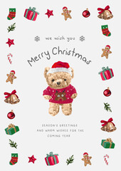cute Christmas greeting card with bear doll in Christmas items border vector illustration