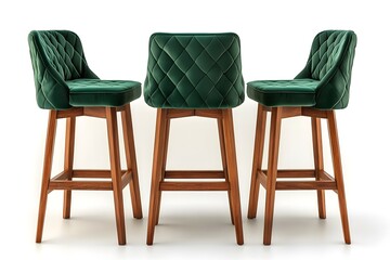 Green 3 identical high bar chairs or armchairs. Interior design concept. Isolated object on white background