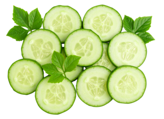  Top View of Sliced Cucumber with Leaves in Fresh Flat Lay, Transparent Background
