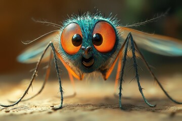 Colorful close-up of a cartoon-style fly with big eyes in a warm setting