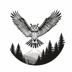 A majestic Owl soaring over a lush forest landscape image vector.