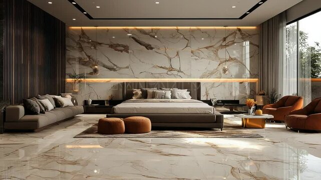 Luxurious bedroom with a modern design.  Large, light beige marble-look tiled floor.  A dark wooden slatted wall section is next to a wall of light beige/cream marble. 