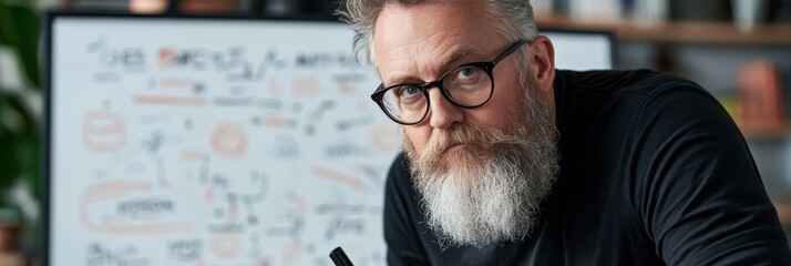Wise bearded man shares startup strategy using modern technology and business ideas on a board