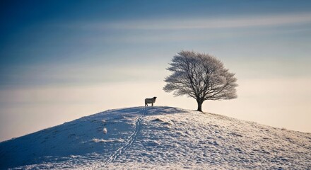 A poignant image of a solitary sheep standing on a snowy hilltop, silhouetted against a clear blue...