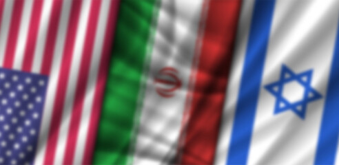 Vector blurred wavy national flags, United States of America, Islamic Republic of Iran and Promised land. USA and Star of David alliance. Political military wide blurry banner