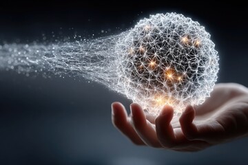 Hand holding a glowing ball of energy with digital connections on a dark background, a concept for global network and connectivity, data transfer, or artificial intelligence technology