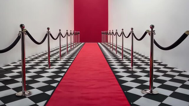 Elegant red carpet event setup featuring black and white checkered flooring with stanchions, Red carpet with stanchions on black and white checkered floor