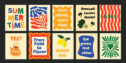 Cartoon bright and minimal summer bistro templates featuring fun text overlays and colorful illustrations of seasonal produce like tomatoes, broccoli, and strawberries.

