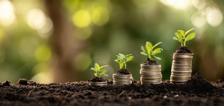 The growth of plants on coins representing investment and financial prosperity.