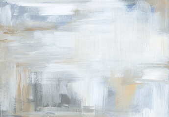 Аcrylic modern textured background with paint brush strokes. Neutral template in white, beige, brown, blue, grey colors. Hand drawn painting on canvas. Fragment of abstract contemporary art work