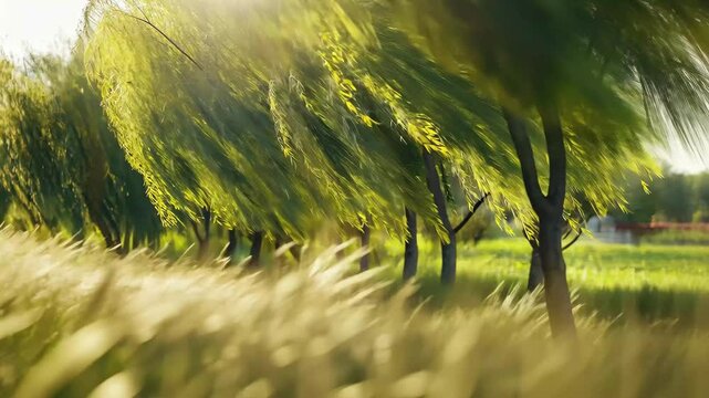Slender weeping willows swaying gracefully in the gentle breeze at a sunny park, Several slender weeping willows swaying in the wind; distant beautiful villa area, depth of field