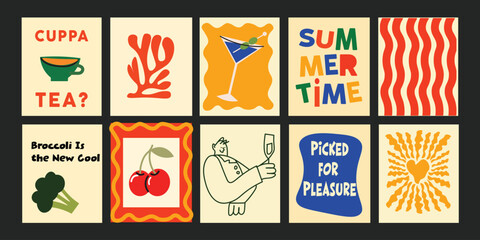 Cartoon Colorful summer bistro banners with trendy short phrases about fresh fruits, vegetables, flowers, and seasonal vibes. Perfect for cafes, restaurants, farmers’ markets, or healthy food promo