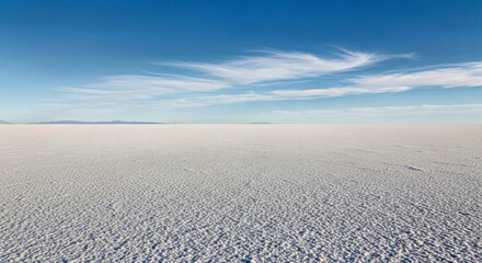 A serene and vast white salt flat extending gracefully to the horizon, under a clear blue sky. This minimalist landscape captures immense natural beauty and quietude.