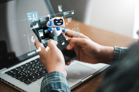 Hand drawn icons. People using laptops with AI assistants for graphic design, translation, chatbots, visualization, coding, and advertising.