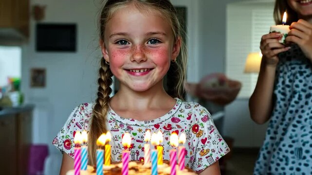 Little girl celebrating her tenth birthday at home with friends and a delicious cake full of candles, Little girl kid ten years old birthday party at home blows out candles in happy positive emotions