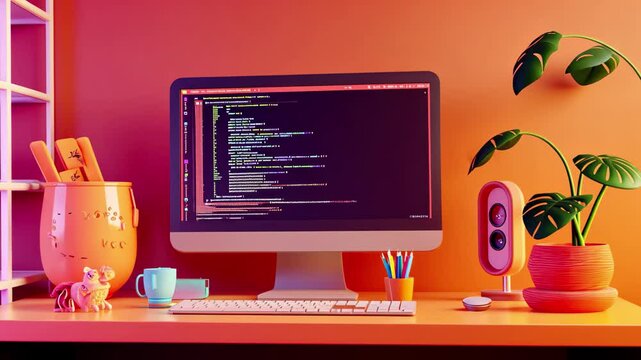 Colorful minimal desktop setup featuring coding symbols and programming elements in a creative workspace, Minimal desktop with coding symbols and programming windows Cute cartoon style 3D render