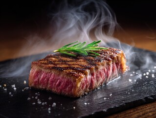 Juicy Grilled Wagyu Steak With Fresh Herbs on a Black Stone Surface