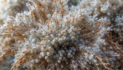 Fototapeta premium Close-up of white seeds and brown stems forming a dense, textured cluster, Generative AI