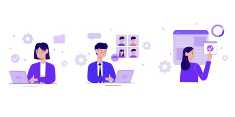 Business set, characters using laptop working on business tasks, marketing, content creation, management, vector illustration.