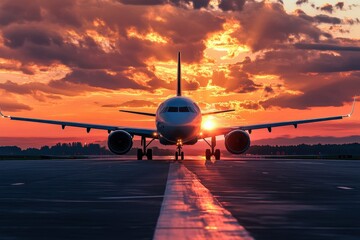 Sunset illuminates airplane on runway at sunset
