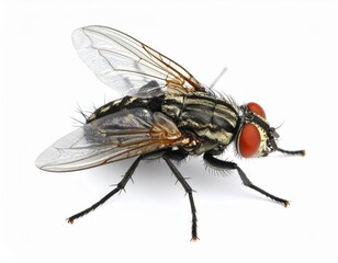 Fototapeta premium Fly close view over white background, no shadow