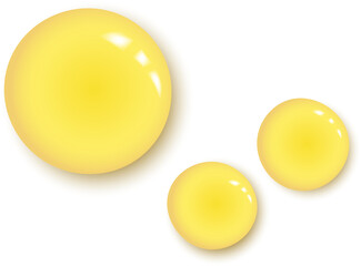 Oil vitamin C serum drops. Liquid droplets on yellow background. Cosmetic product with bubbles closeup