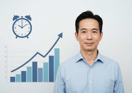 Asian man with growth chart and clock representing time management and business success