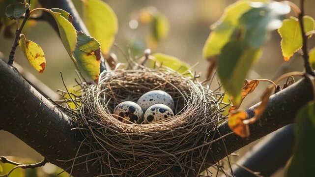 Three speckled eggs in a nest on a tree branch in a forest, springtime mood, nature scene