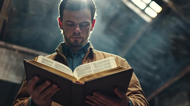 Christian man reading scriptures in a church building during a quiet moment of reflection, Christian man in church building holding, reading bible and turning pages in cinematic slow motion