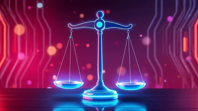 Futuristic balance scales, digital justice and equality concept video