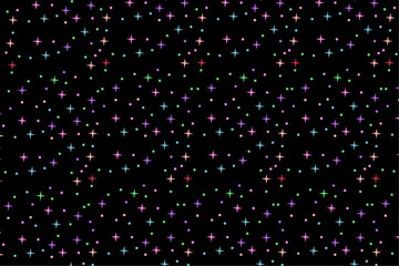 Seamless pattern of colorful glowing stars on black background for festive, magical or cosmic designs