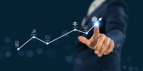 Corporate ethics and growth concept.  Interacts with a corporate ethics, surrounded by icons; code, integrity, honesty, respect, and ethics,  the foundation of a strong corporate code of conduct.