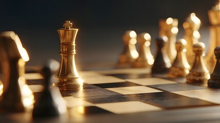 Close-up of a golden chess king surrounded by pieces on a wooden board, illuminated by soft light