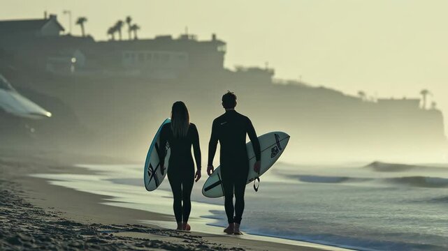 Couple walks along the beach at sunset, enjoying their surfing adventure, Couple of surfers walking along the beach with their boards under their arms, talking Cinematic