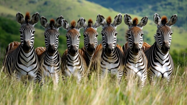 A stunning herd of zebras stands in the savanna, showcasing their beautiful black and white stripes.