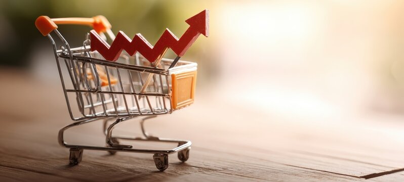 The shopping cart symbolizing growth with an upward graph indicating success. - Powered by Adobe