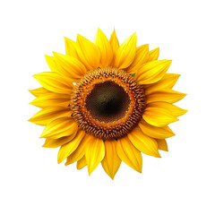 Obraz premium Bright yellow sunflower head with green leaves isolated on a white background