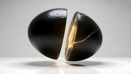 Cracked Sphere: Abstract 3D Render of a Black Orb with Glowing Interior