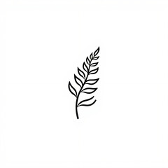 A black and white line art of a fern leaf, showcasing elegant curves with minimalistic detailing on a plain background.