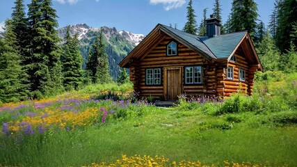 Log cabin surrounded by vibrant wildflowers in a serene forest setting during clear weather, Log cabin amidst blooming wildflowers with forest background and clear sky - Powered by Adobe